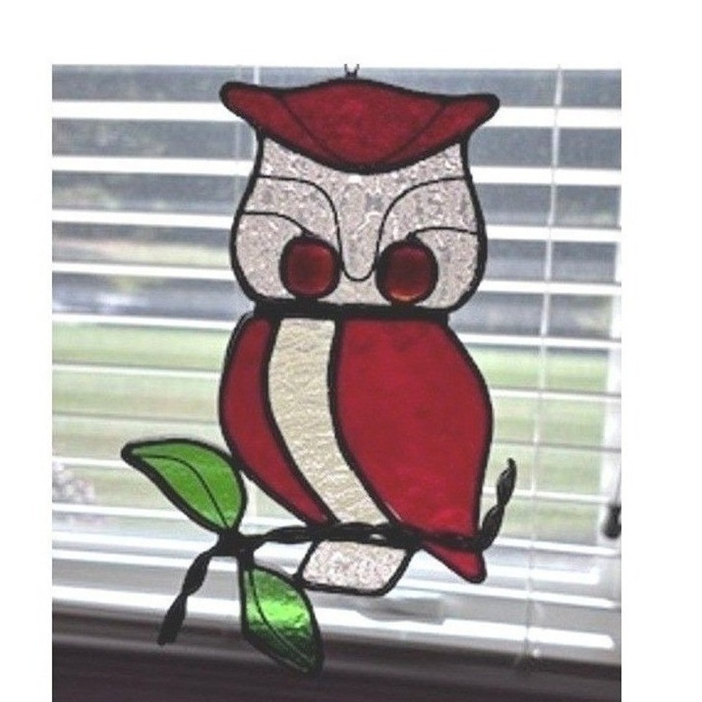 Vintage Stained‎ Glass Owl Sun Catchers Red Silver Green Home Garden Decor